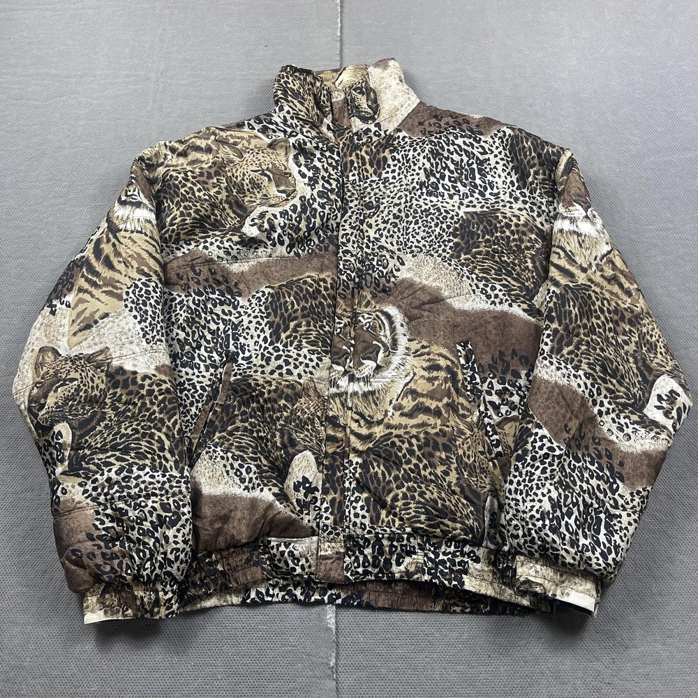 FU DA International Bomber Jacket Womens Medium‎ Brown Silk Animal Print Leopard